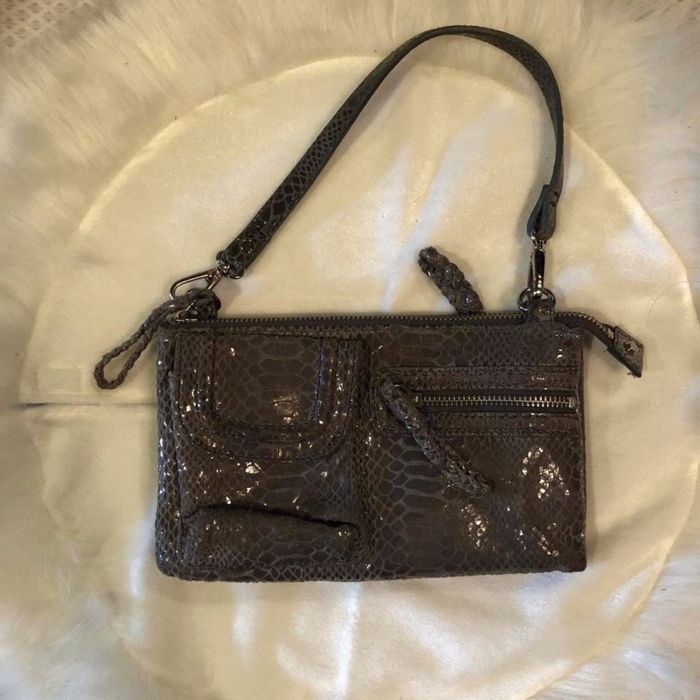Perlina Shimmering Gray Snakeskin Wristlet